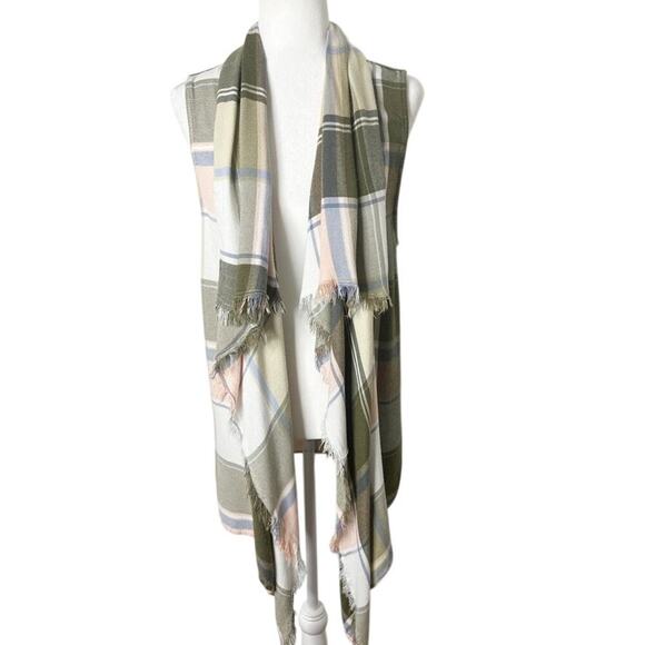 Maurices Tops - Maurices Womens Open Front Plaid Vest S/M Green Fringe Shawl Neck Rayon Long Top